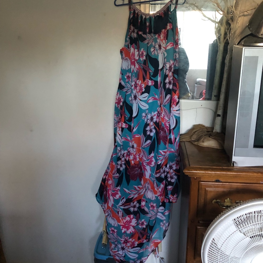 Roaman's Asymmetrical Floral Dress - Blue and Red